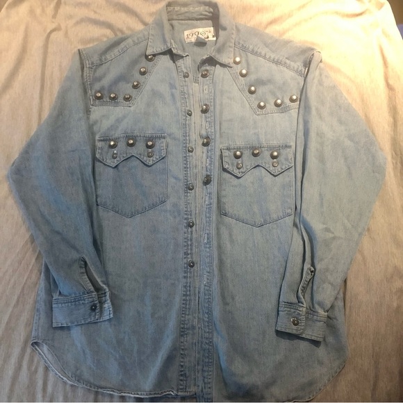 1990s ink  Y2k denim button down heavy rivet shirt sz small - Picture 1 of 6